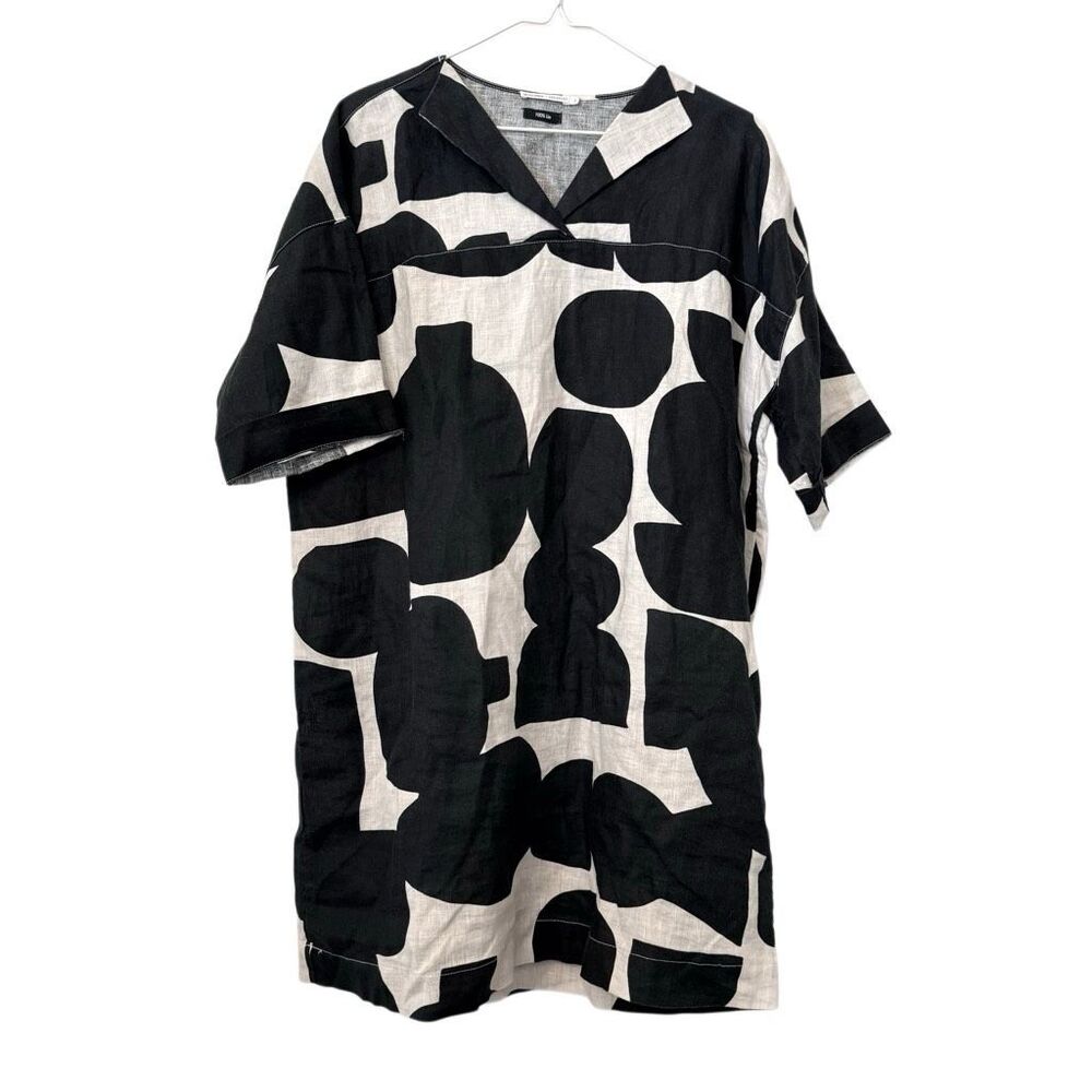 Monoprix Premium 100% Linen French Short Sleeve Tunic Black White Dress Small